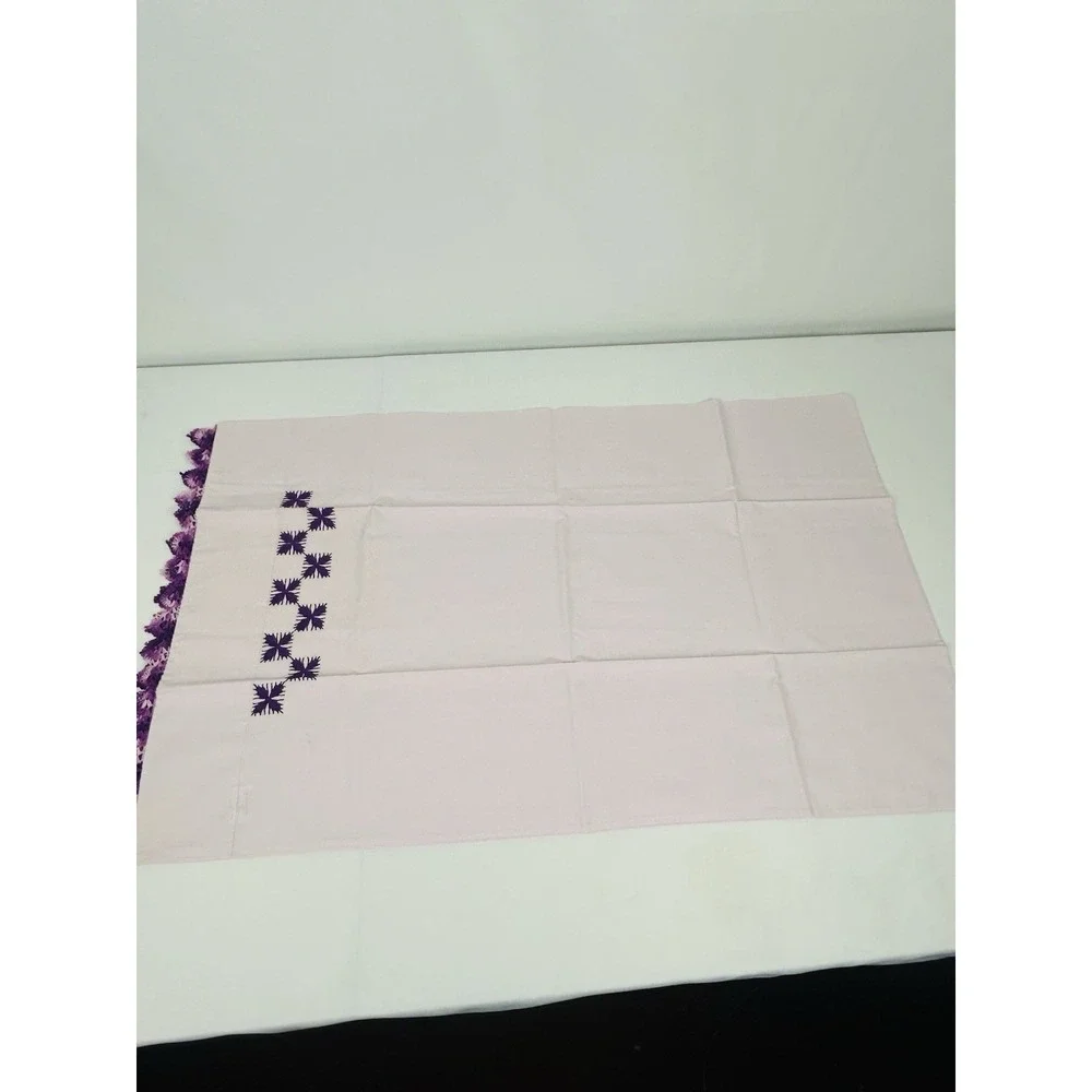 Vintage Cross Stitched Pillowcases Pink w/Purple Stitching 33 x 20